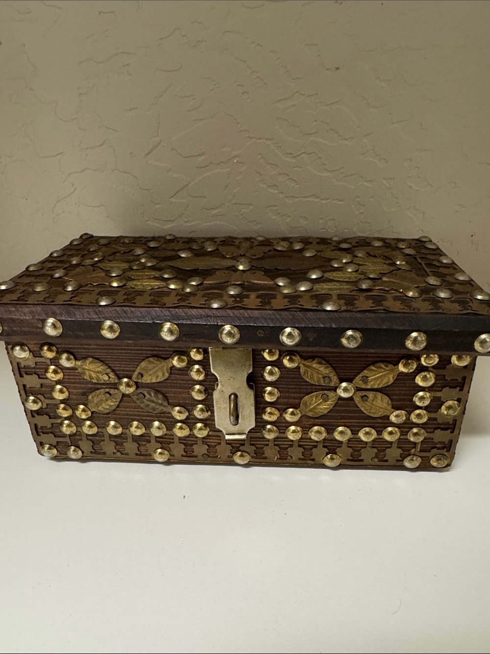 Decorative Brass-Accented Wooden Trinket Box - Brown